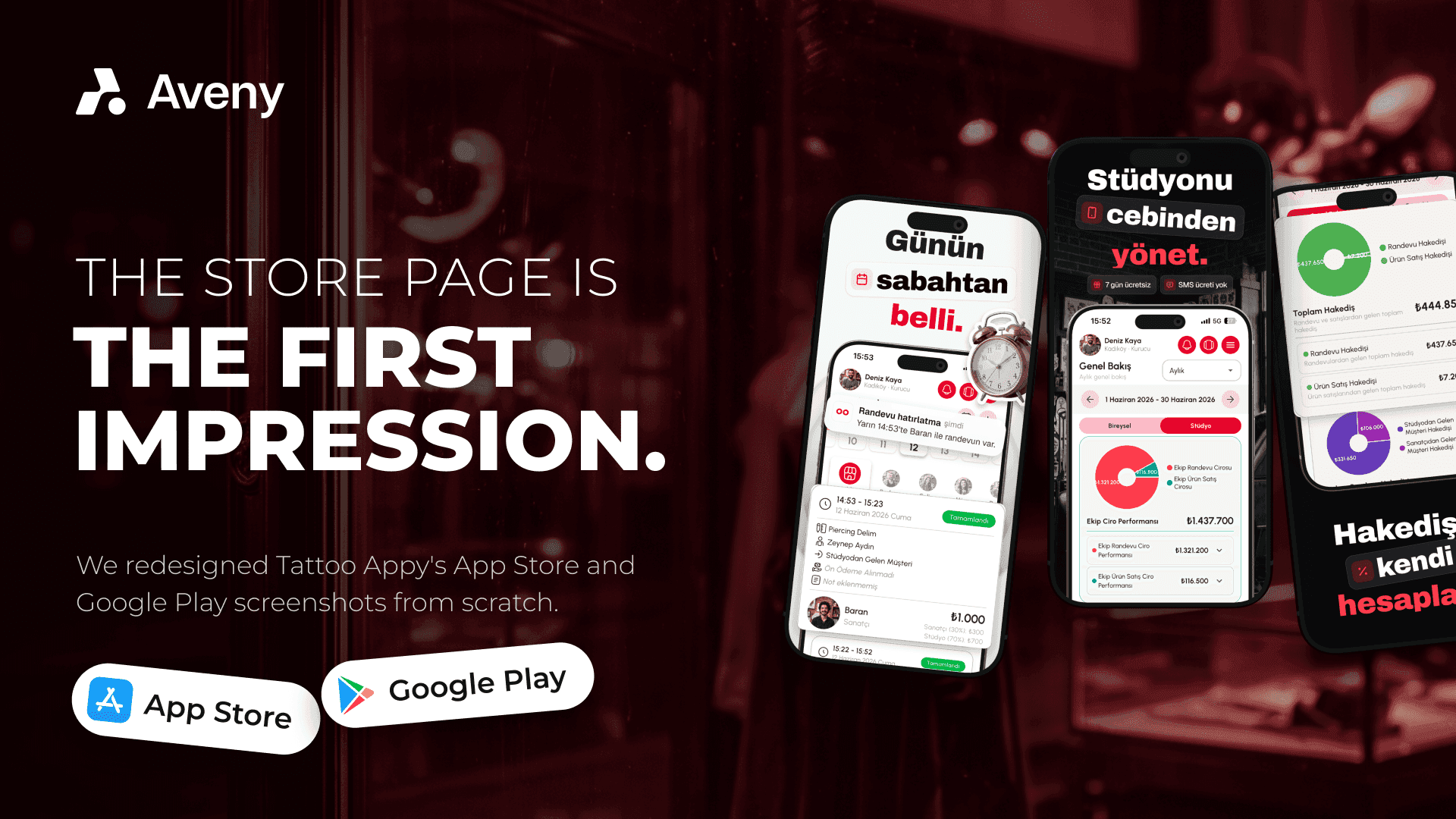 Redesigned App Store and Google Play screenshots for Tattoo Appy