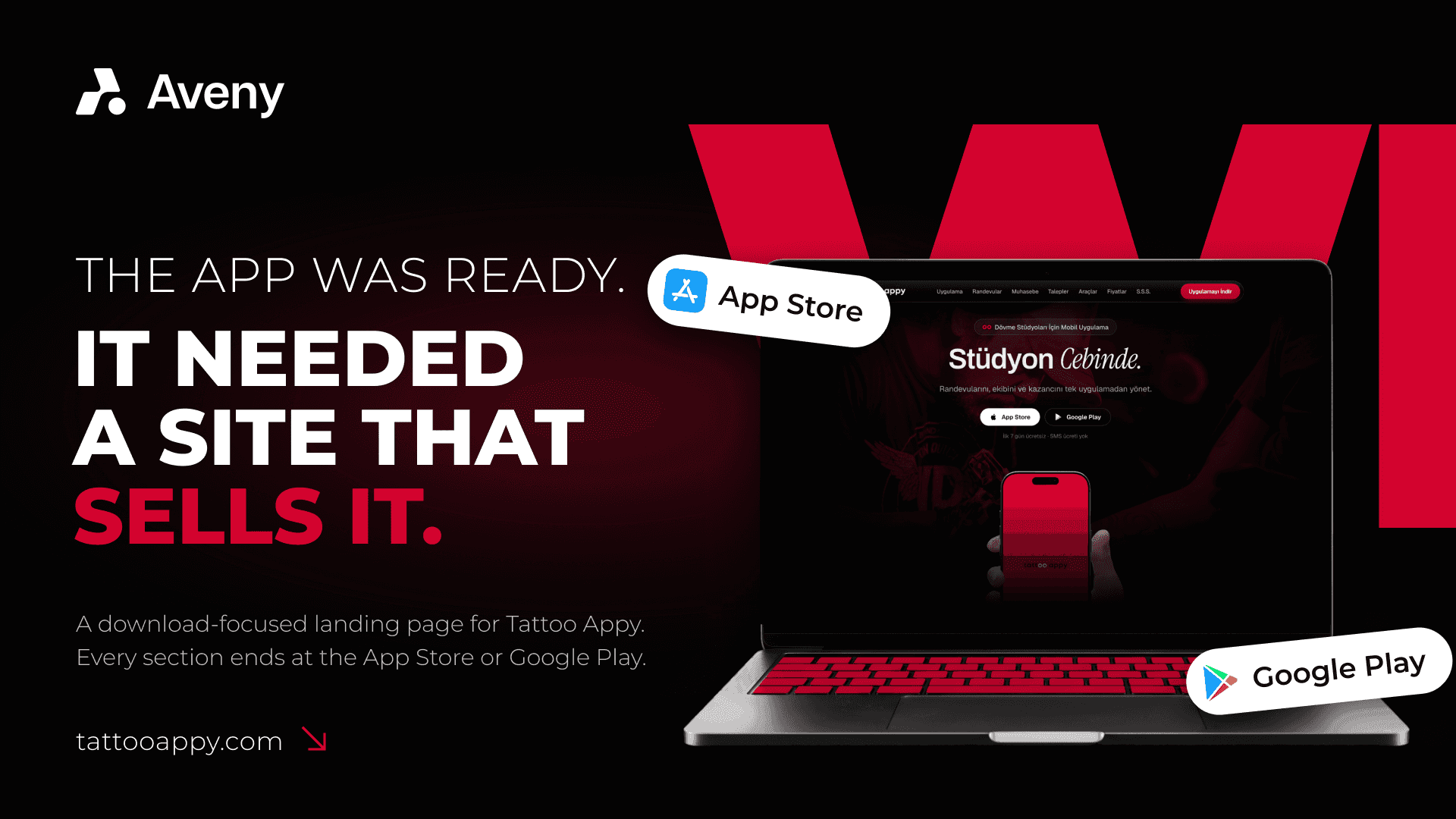 tattooappy.com landing page on a laptop with App Store and Google Play buttons